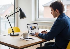 Eine Person sitzt an einem Laptop und erstellt ein WordPress Theme mit hellem Tageslicht im modernen Arbeitszimmer