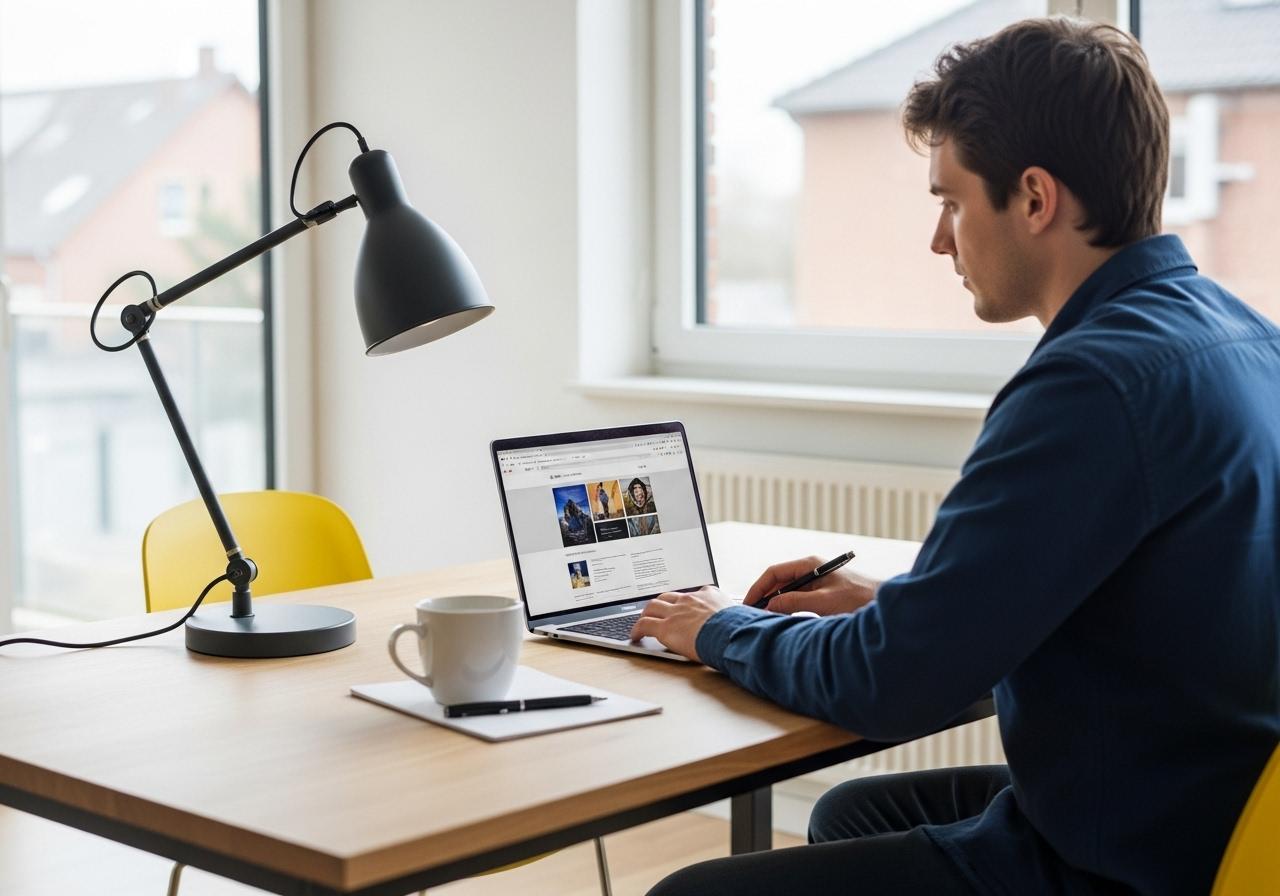 Eine Person sitzt an einem Laptop und erstellt ein WordPress Theme mit hellem Tageslicht im modernen Arbeitszimmer