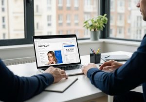 Person analysiert Nutzerverhalten und A B Test Ergebnisse auf Laptop im Büro um Landing Pages zu optimieren