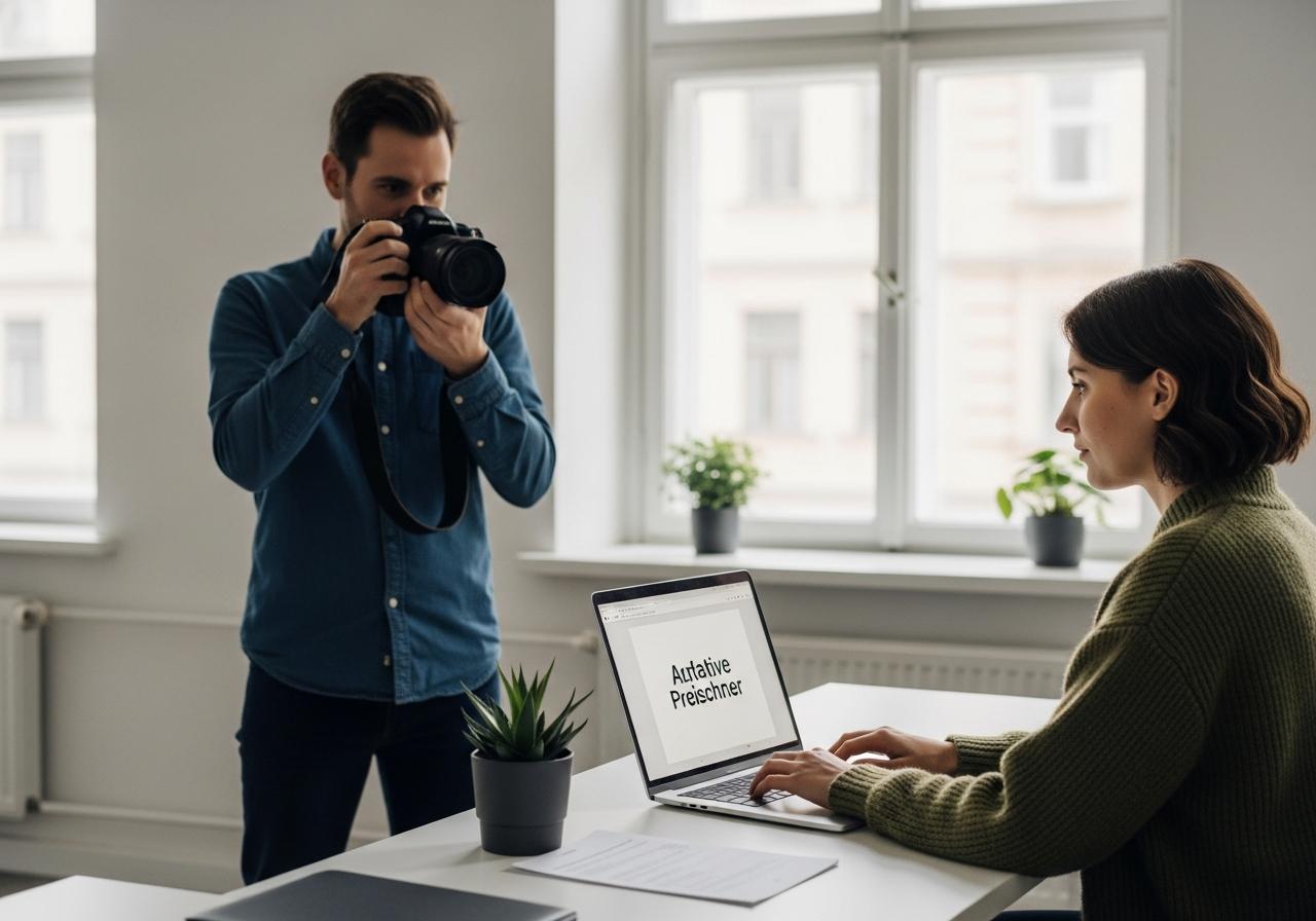 Person arbeitet am Laptop an einem interaktiven Preisrechner in einem modernen Büro mit natürlichem Licht.