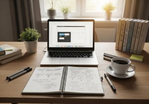 Ein kreativer Schreibtisch mit Laptop, Notizen und Kaffee, der kreative Produktivitätssysteme symbolisiert.