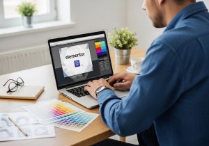 Designer arbeitet am Laptop an einem Design System in Elementor mit Farbmustern und Schriftproben auf dem Tisch