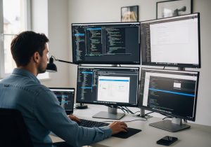 Entwickler arbeitet an einer modernen Headless WordPress Website mit mehreren Monitoren in einem stilvollen Büro