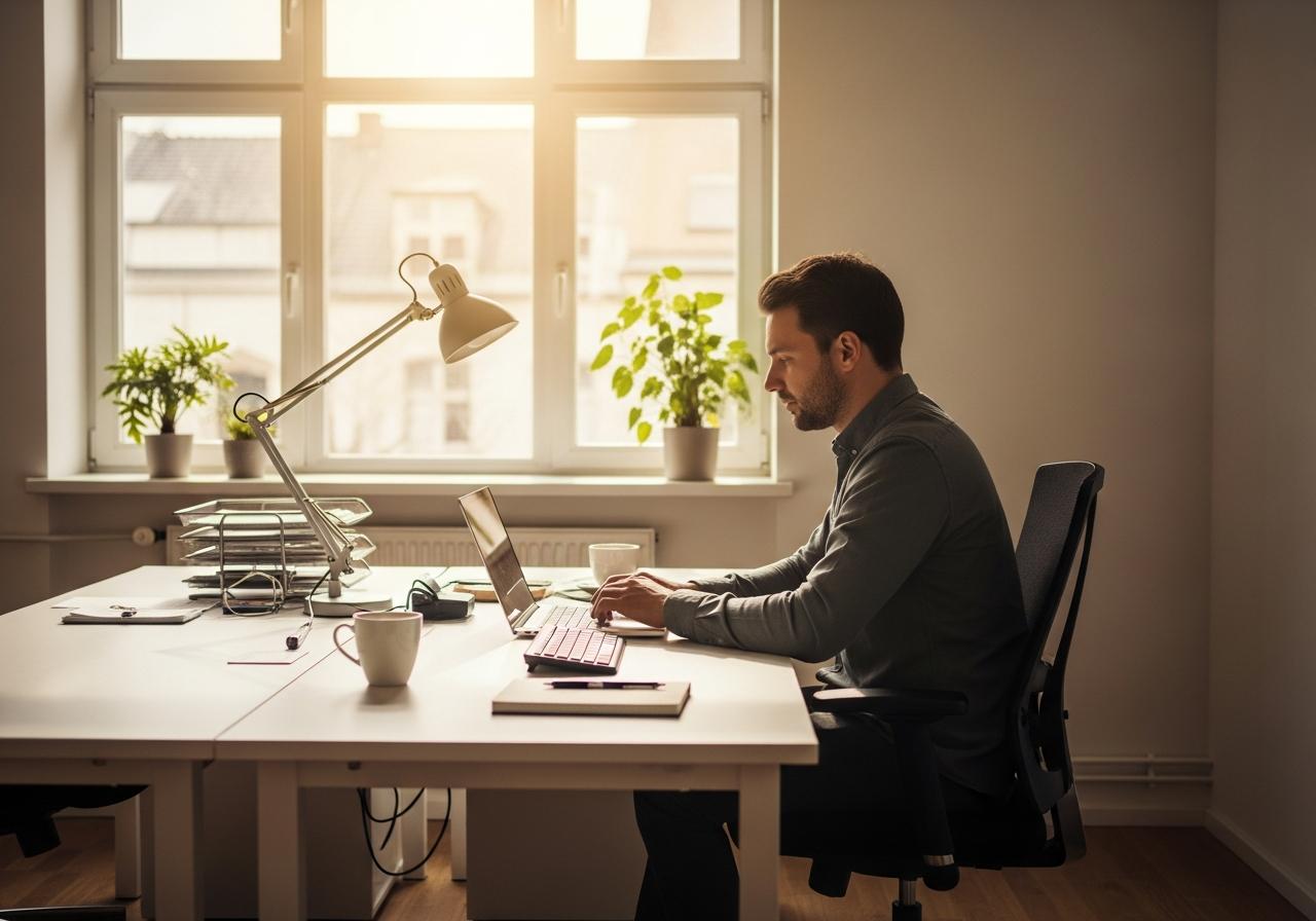 Ein Freelancer sitzt entspannt mit Laptop am Schreibtisch und arbeitet im Hintergrund an Agenturprojekten