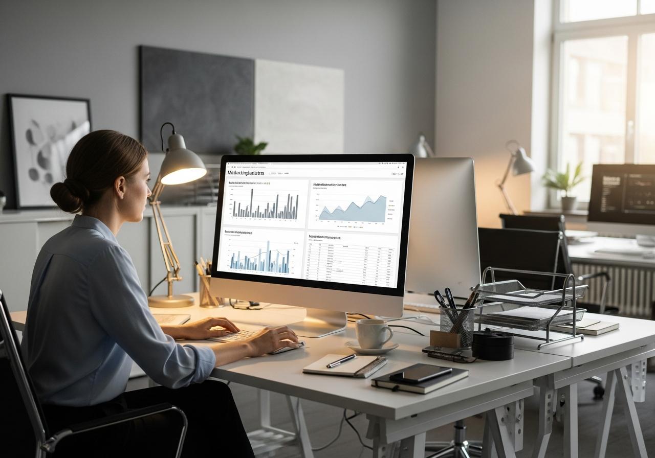 Person analysiert Marketing Reports mit Fokus auf Leads, Verkäufe und Conversions auf Computerbildschirm