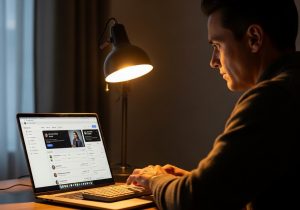 Person arbeitet an einem Laptop an einem WordPress Membership Portal mit MemberPress PayPal und Stripe Integration.