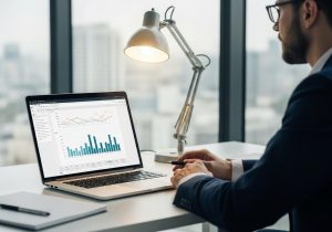 Ein Laptop auf einem Schreibtisch zeigt eine Datenanalyse über Nutzerfeedback mit bunten Diagrammen und KI Auswertungen.